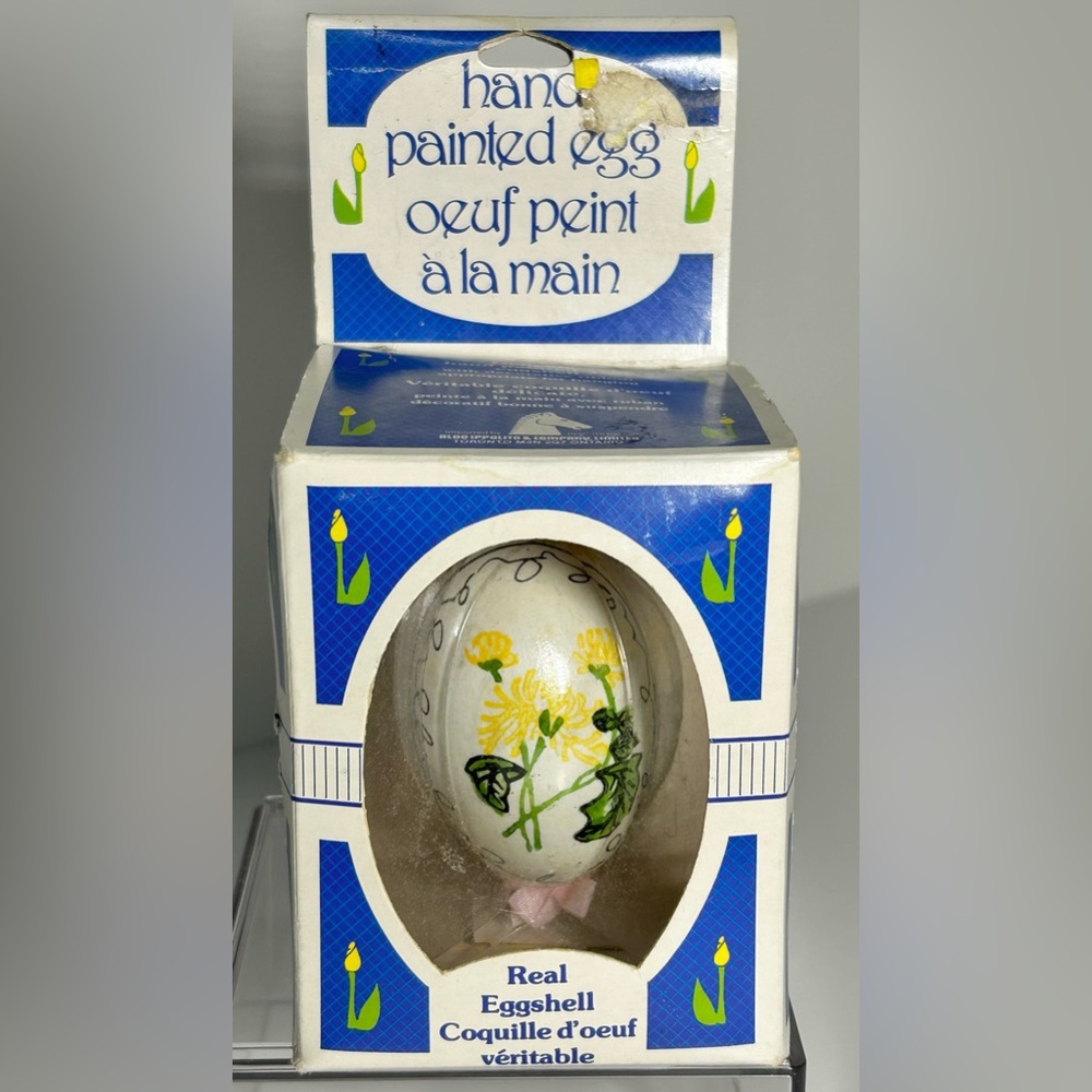 Vintage Hand-Painted Real Eggshell Floral Easter Ornament in Original Box